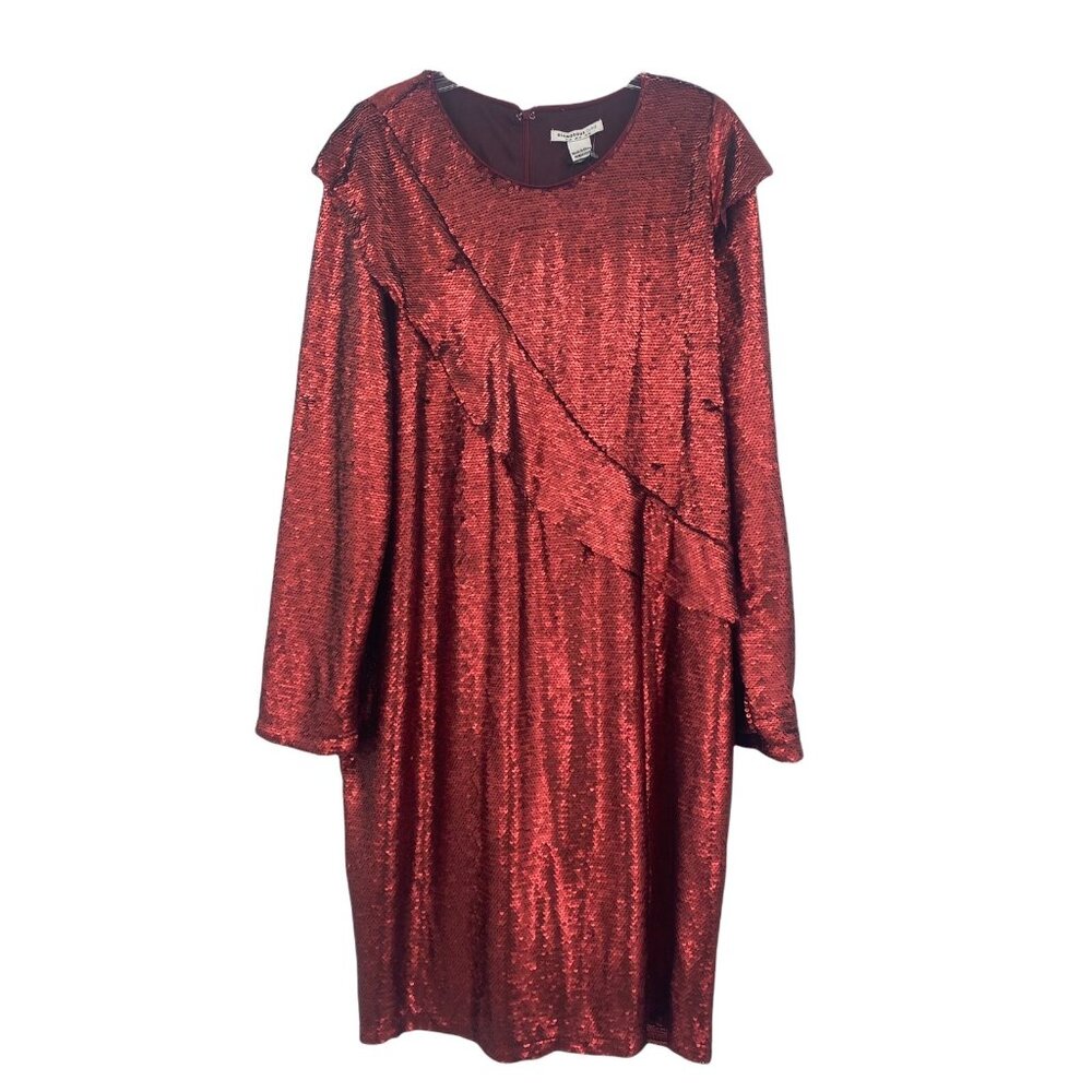Glamorous Curve Sequin Shift Dress 16 Long Sleeve Ruffle Plus Size Red Going Out